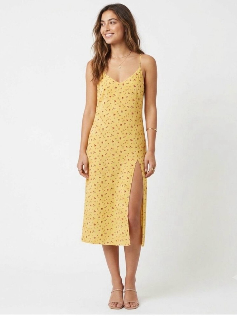 Reformation Crimini Yellow Floral Print Midi Sip Dress Leg Slit Size 0/XS